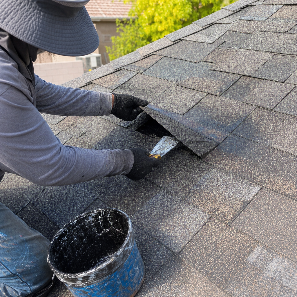 Roofer applying sealant to shingle during roof repair.