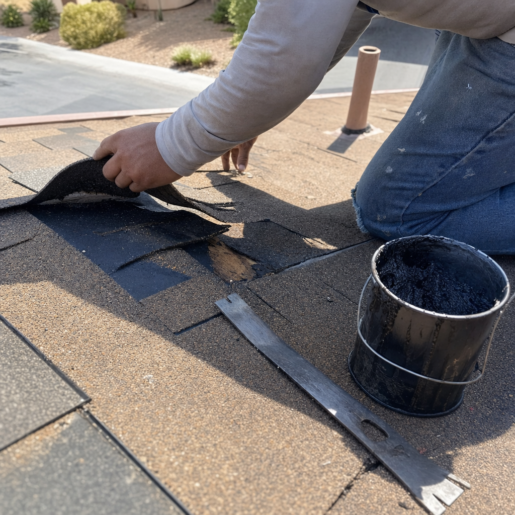 Roofer peeling back damaged shingles for roof repair