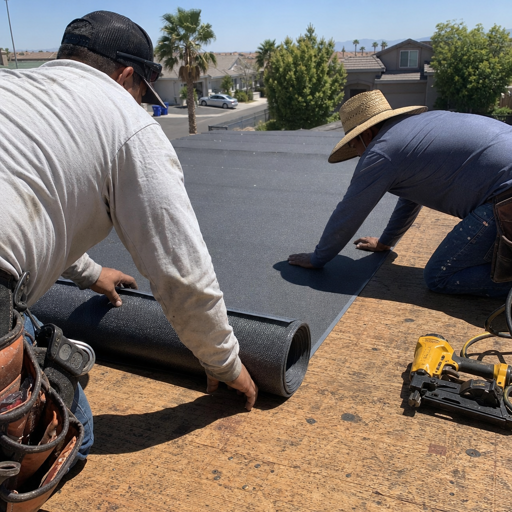 Roofers installing a new roof membrane on a sunny day