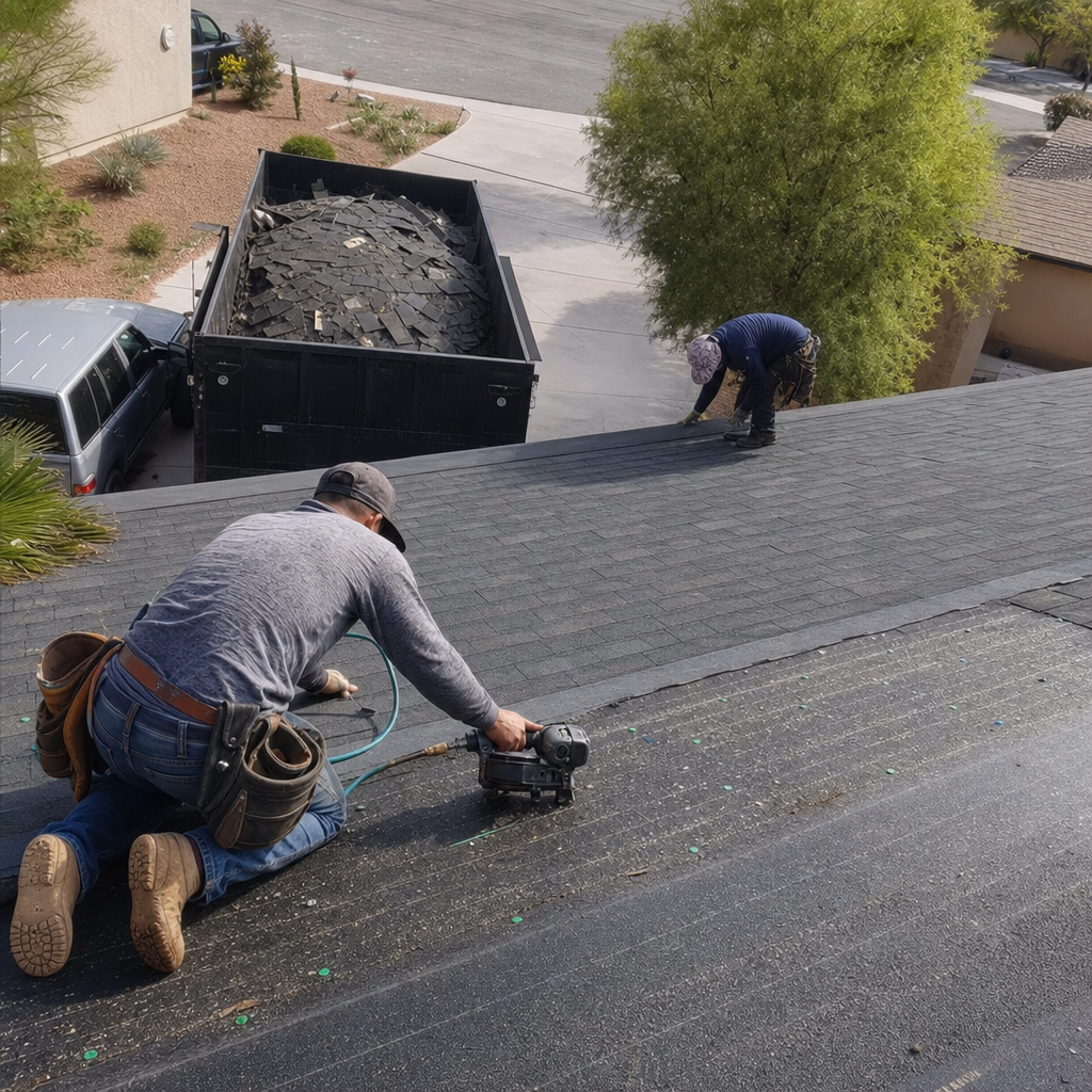 Roofers replace shingles on a house with nail gun and new material.