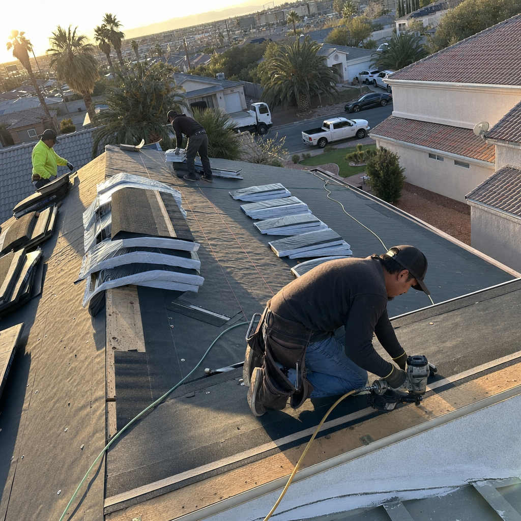 Roofers installing shingles on a residential roof