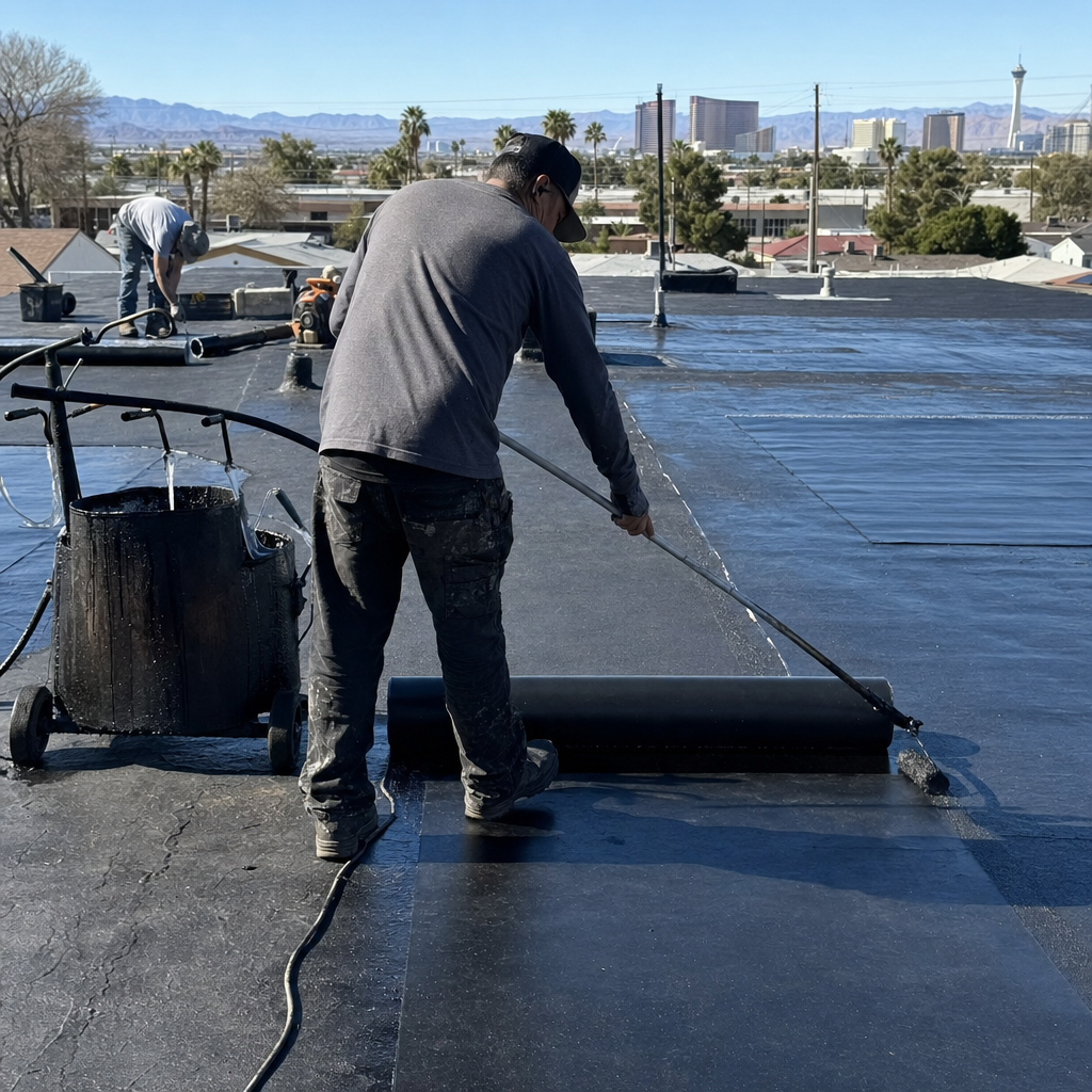 Roofer applies roofing material with a roller tool