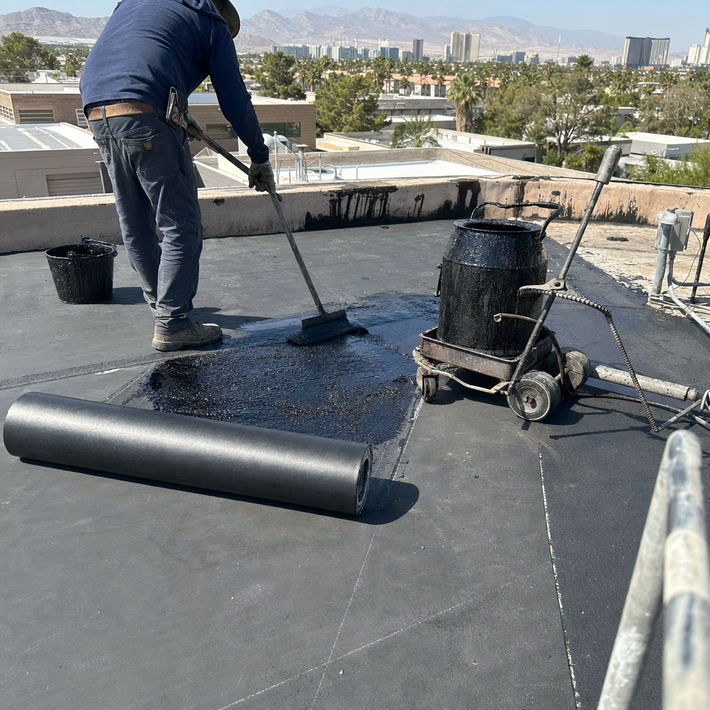 Roofer spreading hot tar on a rooftop with a roller and roofing material