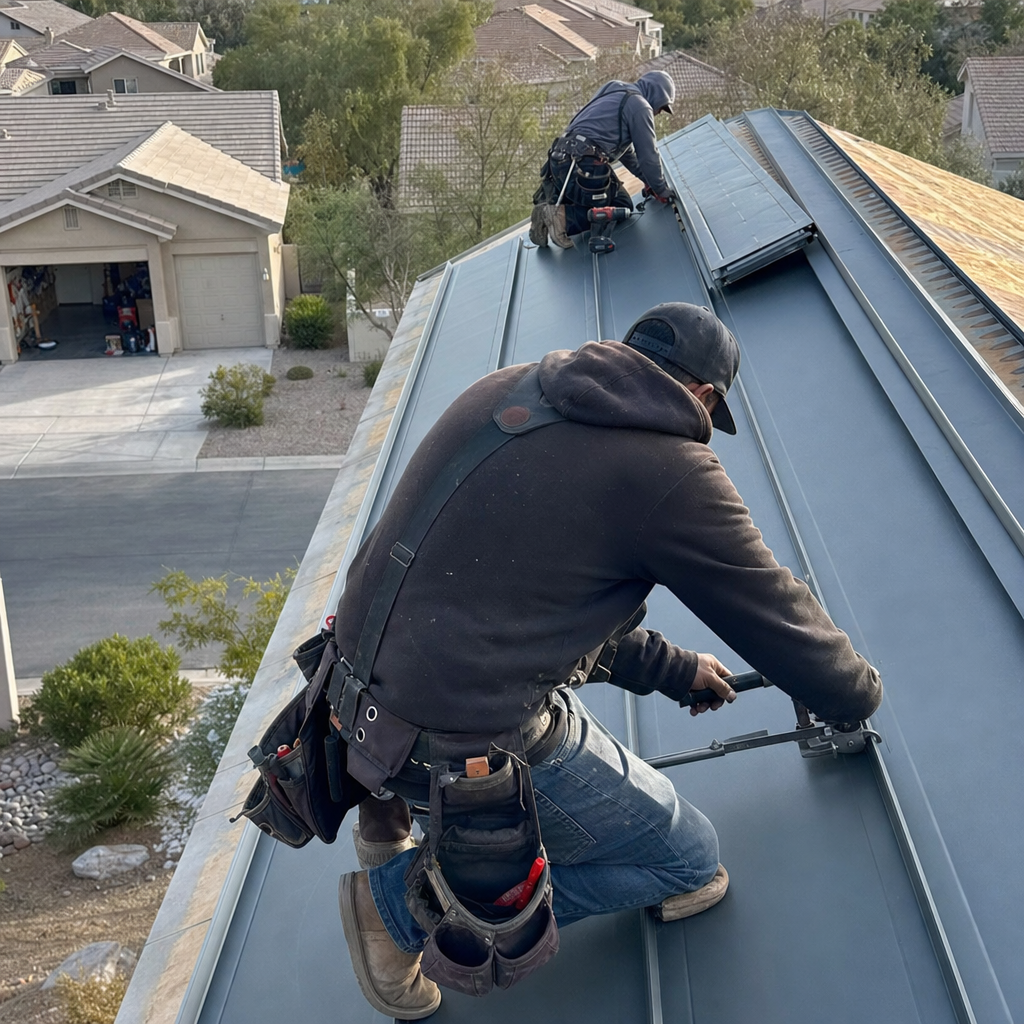 Roofers installing metal panels on a specialty roofing project.