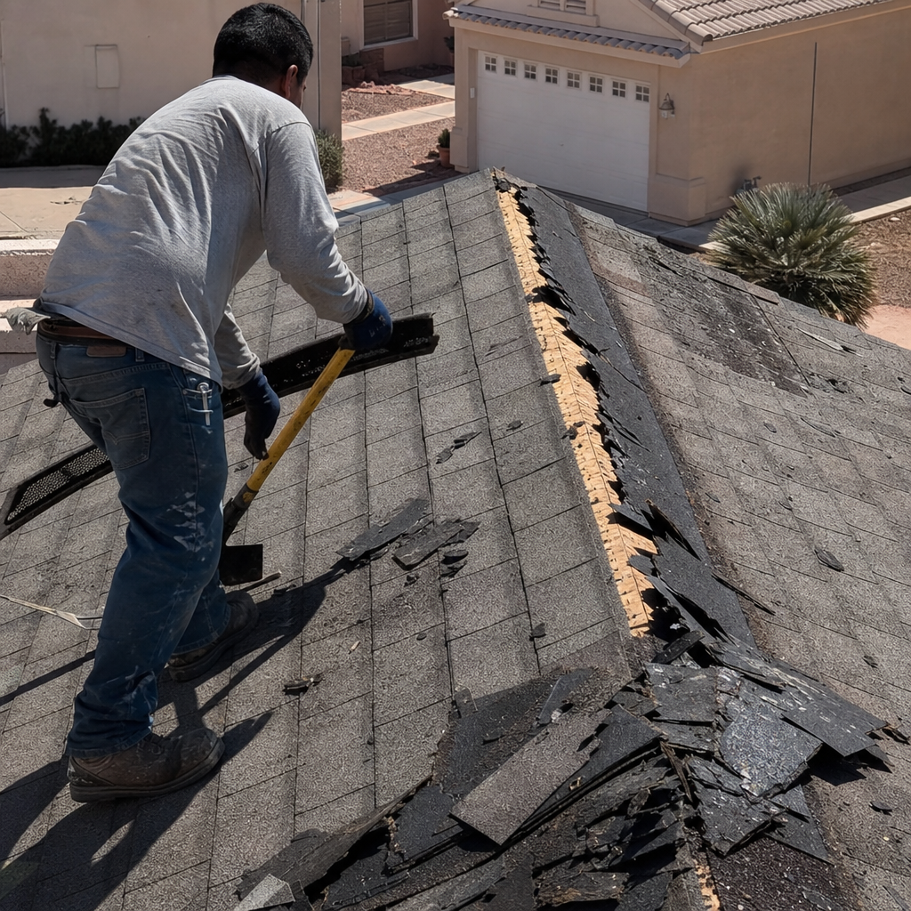 Roofer removing storm damaged shingles from a house roof. in Las Vegas, NV
