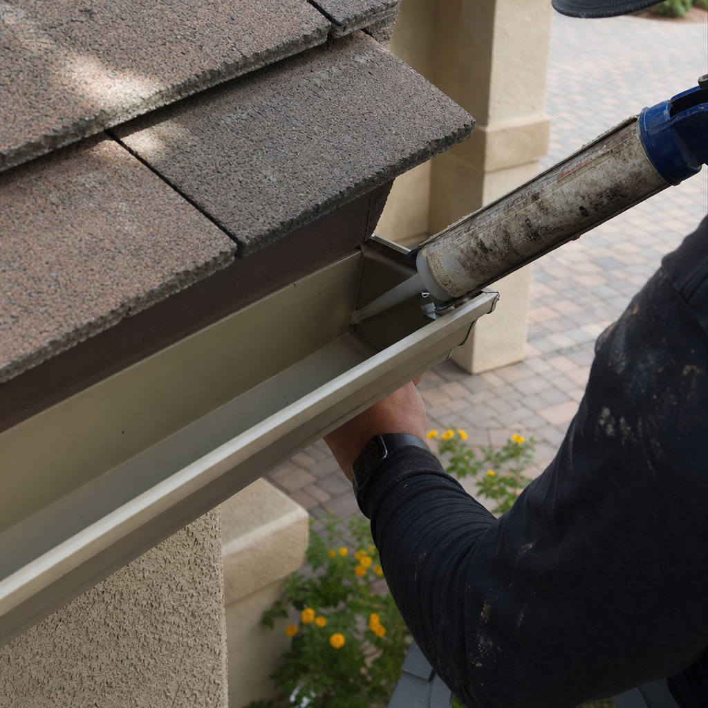 Worker sealing house gutter with caulk gun in Las Vegas, NV