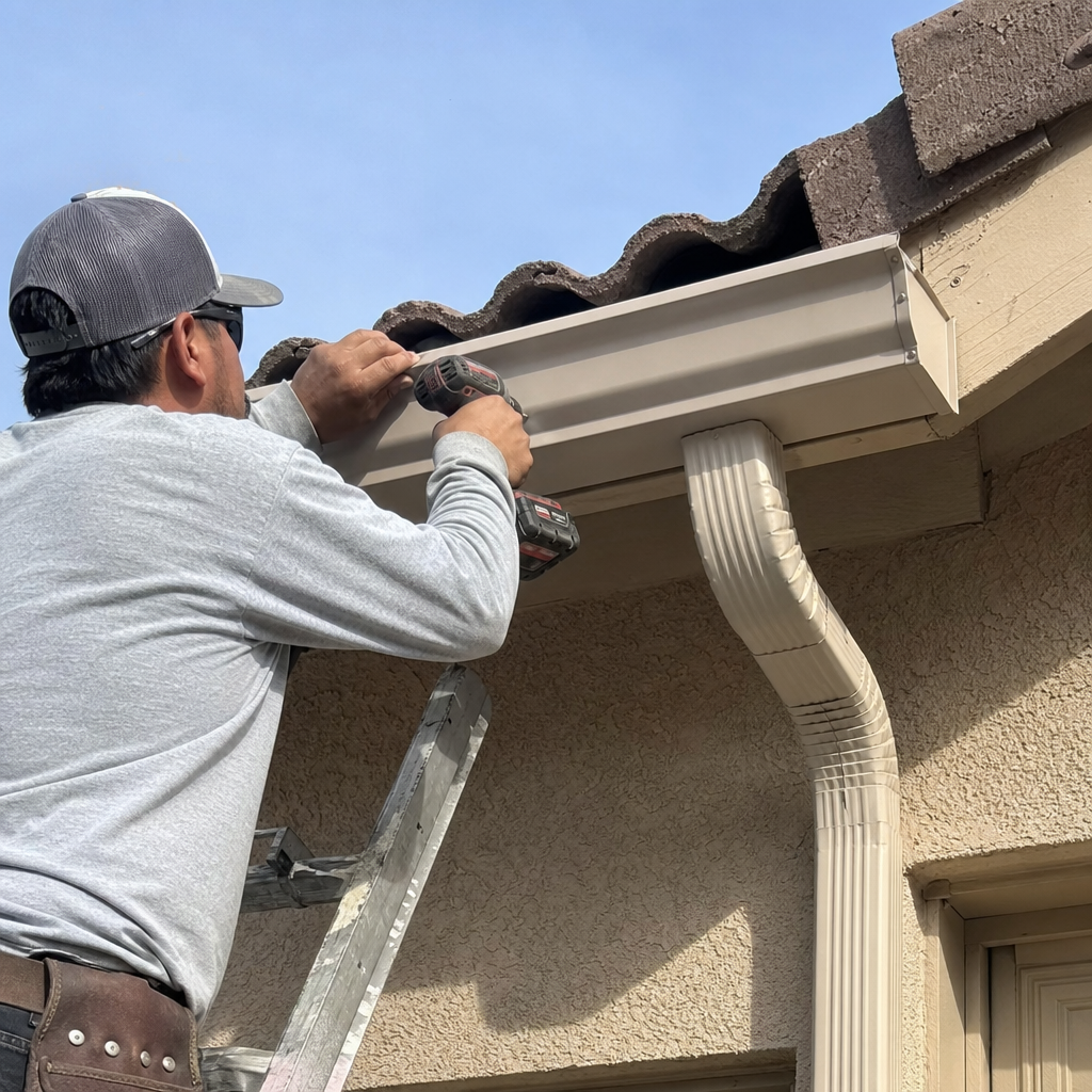 Worker installing gutters on a house with a drill in Las Vegas, NV